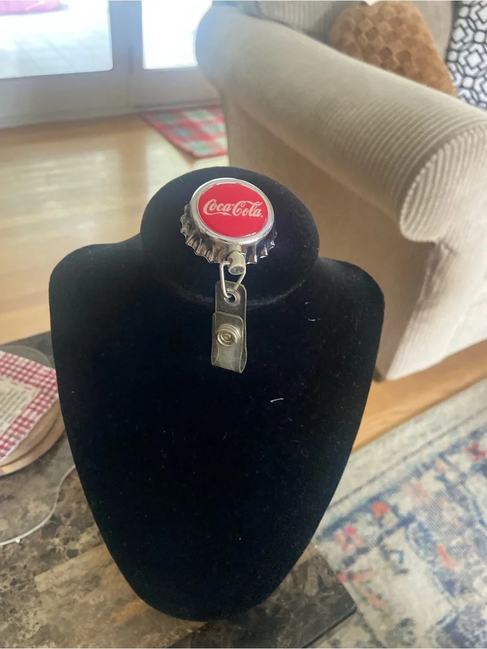 Coca Cola Red Bottle Cap Badge Reel with Metal Clip